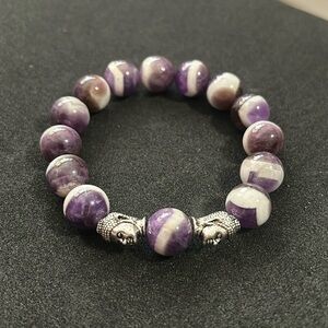 Hand crafted purple/white chevron amethyst bracelet with Buddhas